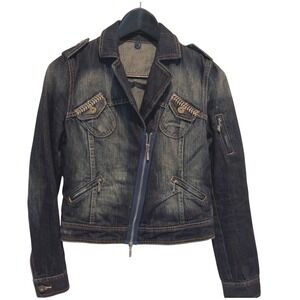 STEFANEL Womens Dark Wash Denim Jacket Moto Style Embellished Accents Size Small